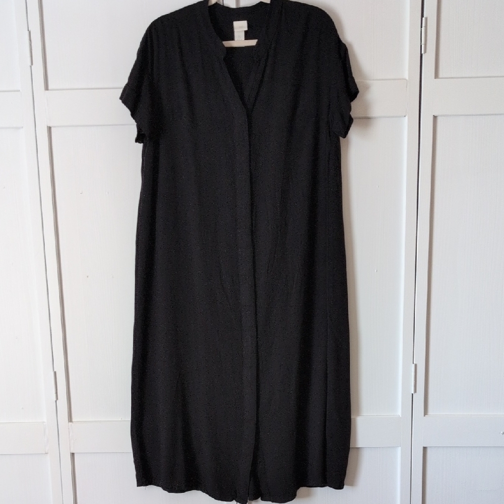 H&M Black Lagenlook Minimalist Sheath Button- down Midi Dress Size 4